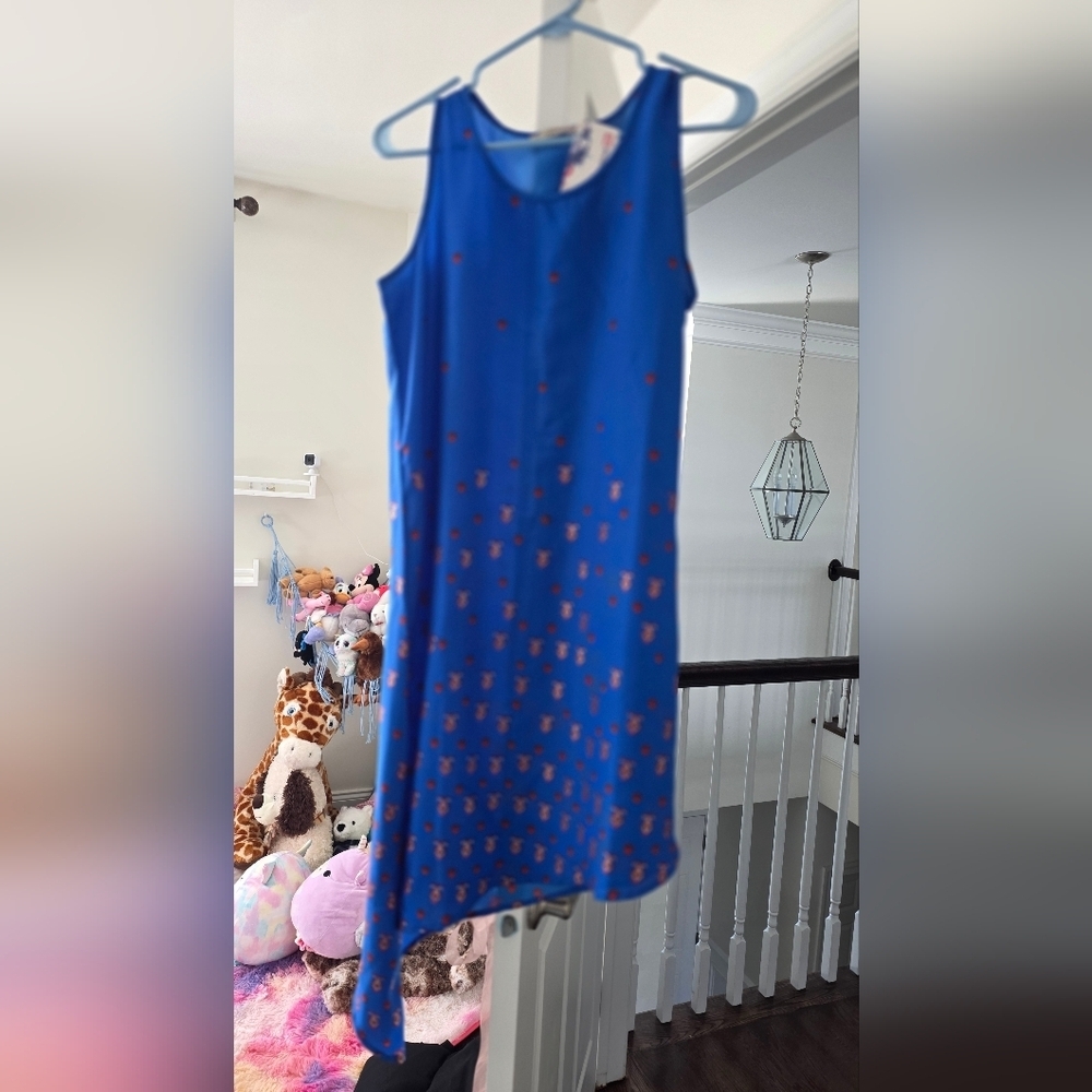 Blue Asymmetrical Hem Sleeveless Tunic Top | Red Mini Print | Size 8 - Picture 3 of 9